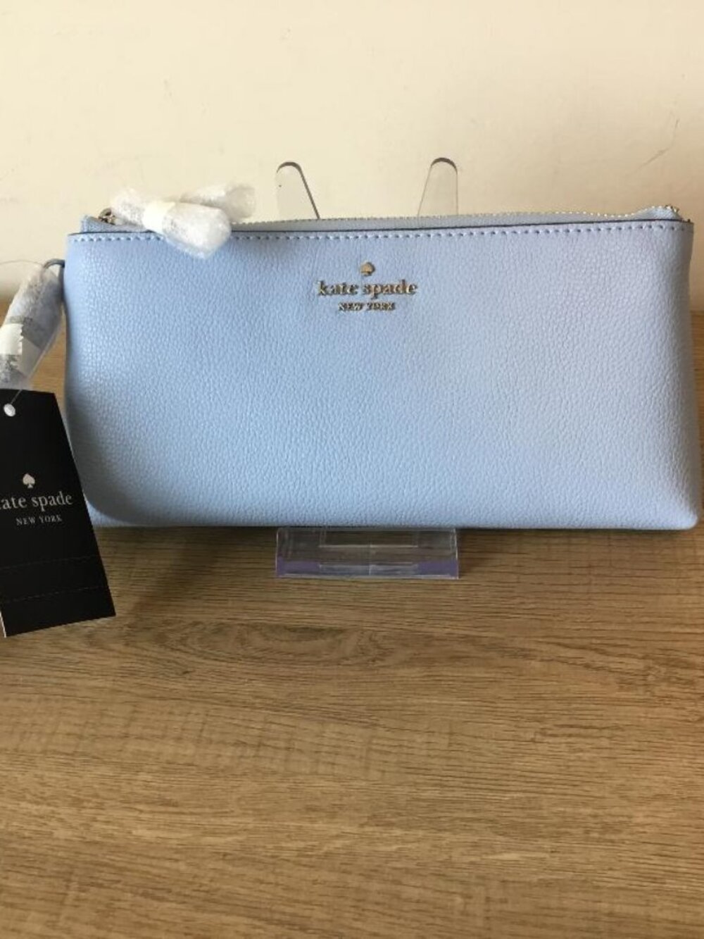 kate spade light blue leather wristlet clutch with Katie q card and money holder